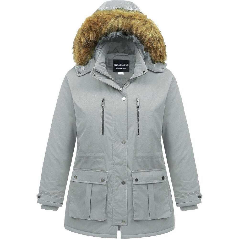 Women's Winter Warm Gray Waterproof Long Puffer Jacket Coat Thicken Fur Hood